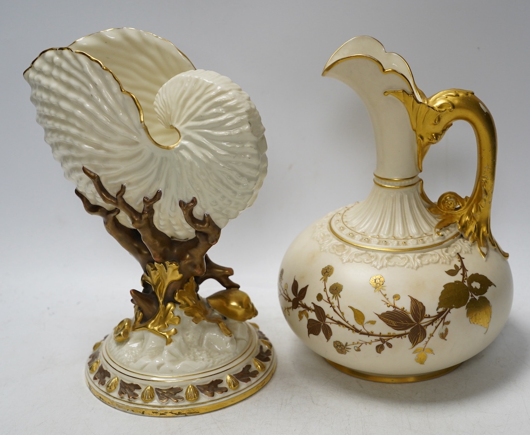 A Worcester nautilus vase and a blush ivory ewer, 1136, largest 22cm high. Condition - good